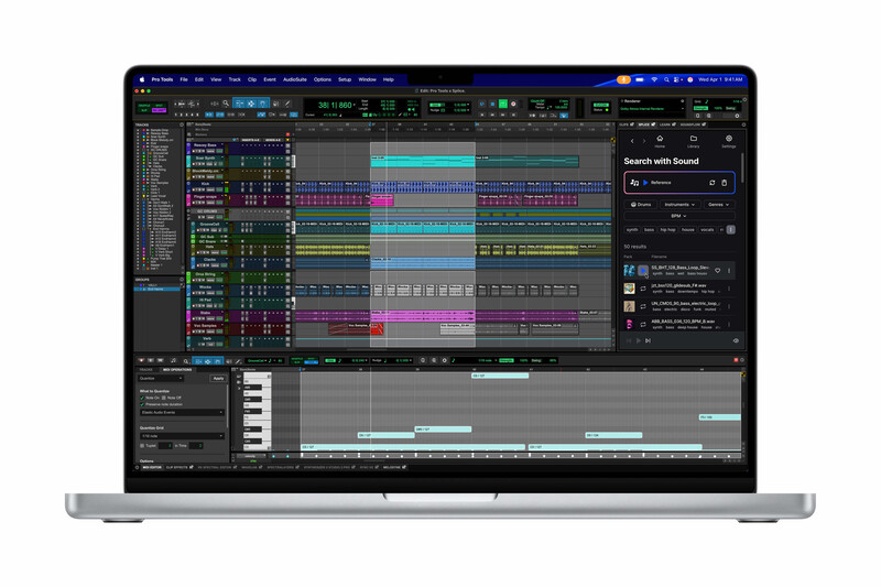 Screenshot of a digital audio workstation displaying a music production timeline with colorful tracks and instruments.