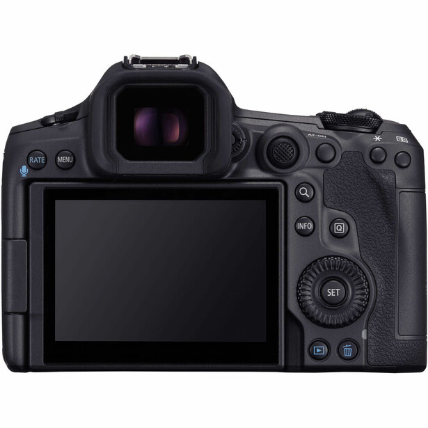 Canon EOS R5 mirrorless camera shown from rear view displaying LCD screen and control buttons.