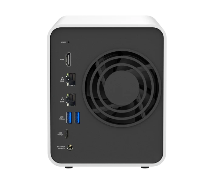 Illustration of a compact desktop storage device with cooling fan and port connections on dark faceplate.