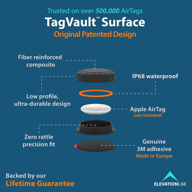 Illustration showing cross-section layers of TagVault Surface protective case for Apple AirTag.