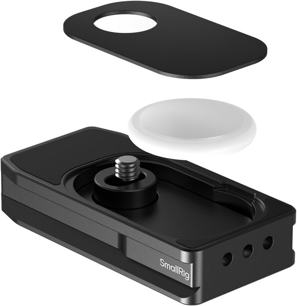 Exploded view of a smartphone stabilizer gimbal with detachable magnetic plate and lens filter.