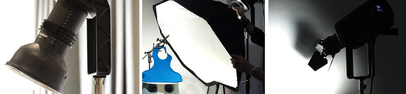 Three professional studio lighting setups with softboxes and reflectors positioned at different angles.