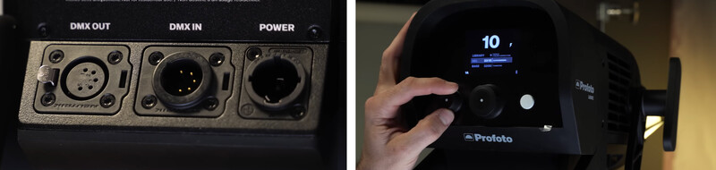 DMX connectors and power inlet on professional lighting equipment rear panel.