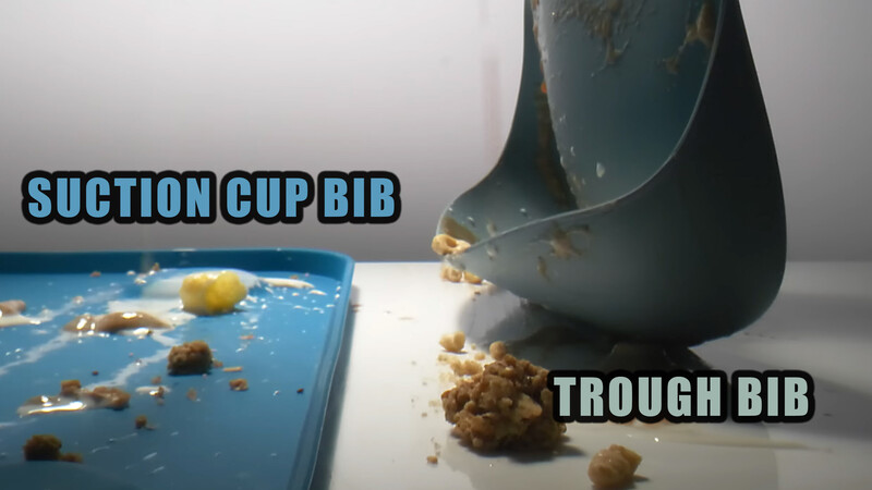 Diagram comparing a suction cup bib with a trough bib, showing food debris collection methods.