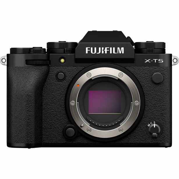 Fujifilm X-T5 mirrorless camera body with exposed sensor and open mirror chamber.