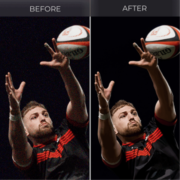 Before and after comparison of a volleyball player shooting against black background.