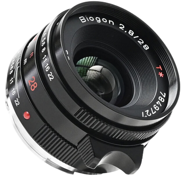 Biogon 2.8/28 lens mounted on camera body, showing glass elements and aperture markings.