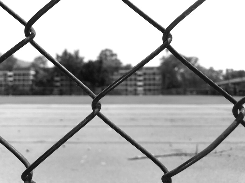 Chain-link fence in sharp focus with blurred waterfront buildings and trees behind it.