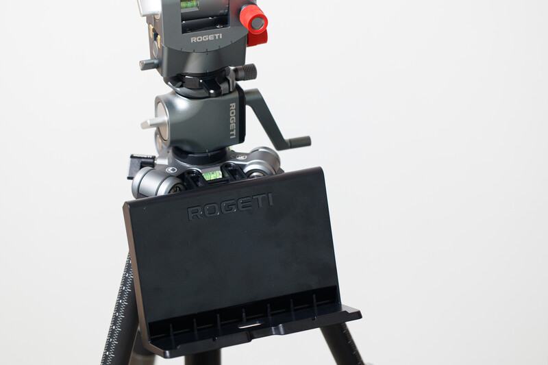 Rogeti fluid head and pan-tilt base mounted on tripod with monitor attached.