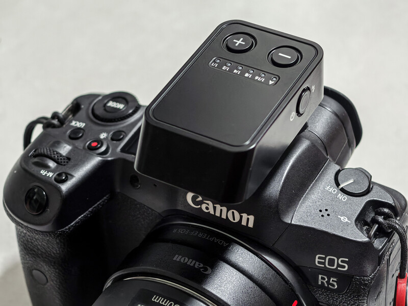 Canon EOS R5 mirrorless camera with external flash mounted on hot shoe.