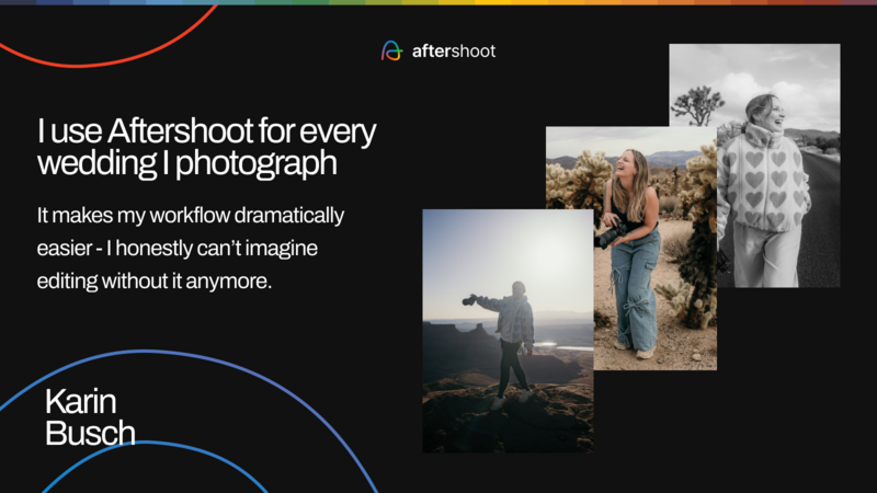 Testimonial graphic featuring wedding photographer Karin Busch discussing Aftershoot software workflow with sample wedding photographs displayed.