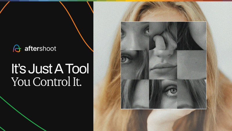 Aftershoot logo and tagline with fragmented black and white portrait grid overlaid on woman's face.