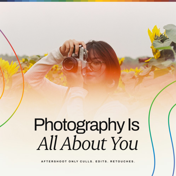 Photographer holding camera in sunflower field with warm golden lighting overlay.