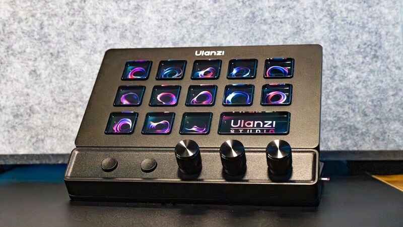 Ulanzi Studio lighting control panel with 15 illuminated buttons and three rotary knobs.
