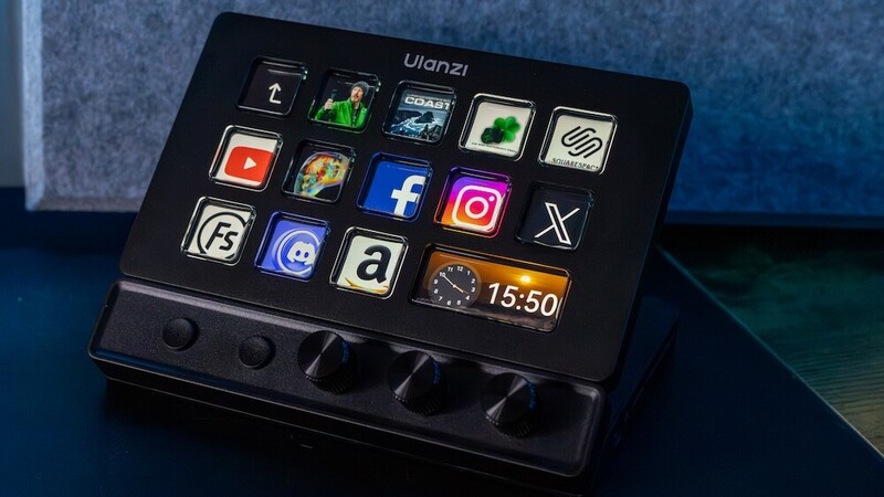 Ulanzi customizable macro keyboard with illuminated app icons and control buttons on dark surface.