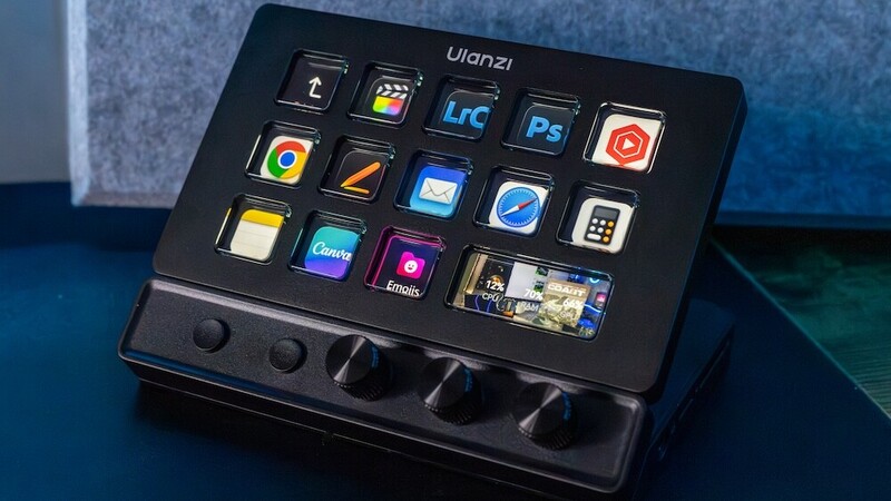 Ulanzi customizable macro pad with 16 illuminated buttons displaying app icons for creative software.
