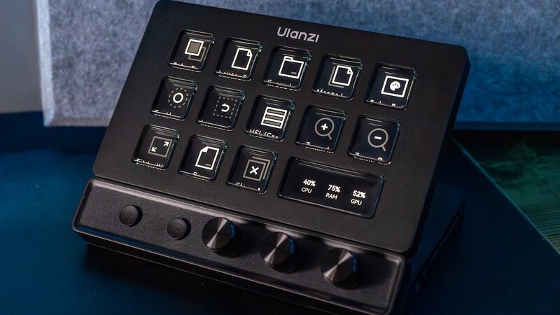 Ulanzi control panel with 15 customizable buttons and three rotary knobs for streaming and content creation.