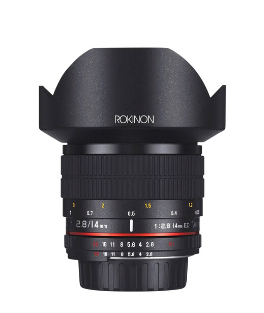 Rokinon 14mm wide-angle lens with lens hood attached, front view against white background.