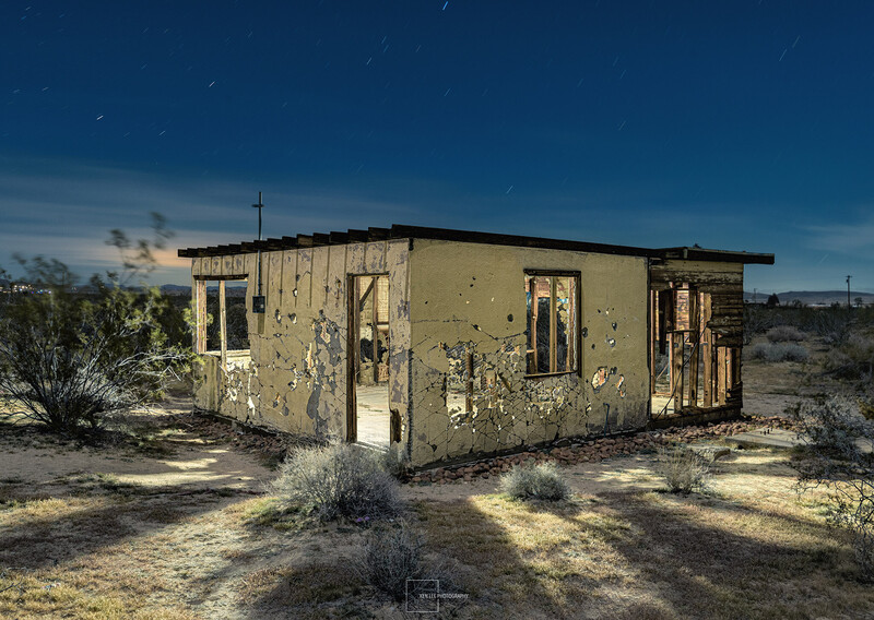 A mysterious cabin photographed at night in the Mojave Desert. I describe how I went about lighting this former homestead.
