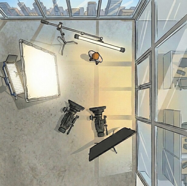 Overhead view of a photography studio setup with lighting equipment and reflectors arranged on a concrete floor.