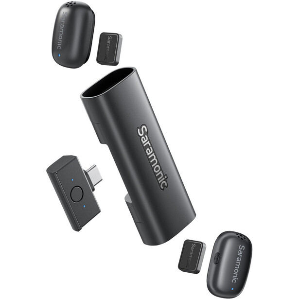 Wireless audio receiver and earbuds displayed with carrying case and charging connector.