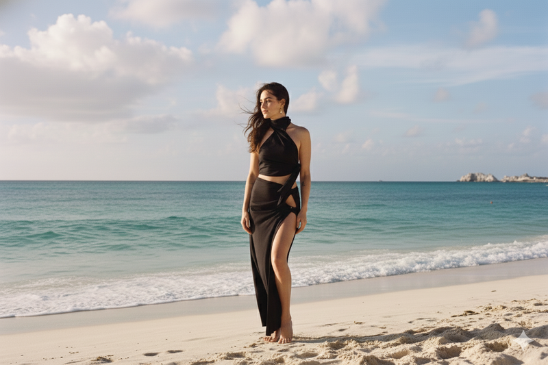 Woman in black wetsuit standing on beach looking toward ocean.