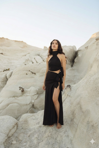 Woman in black crop top and high-slit skirt posing between white rock formations.