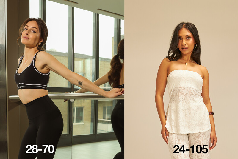 Side-by-side comparison of two female subjects in different lighting and styling setups for portrait photography.