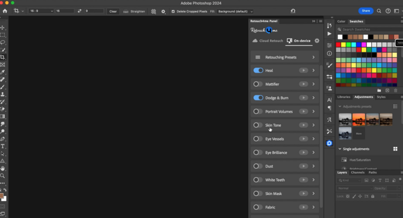Screenshot of Adobe Photoshop 2024 interface showing the Retouching panel with various adjustment tools and color swatches visible.