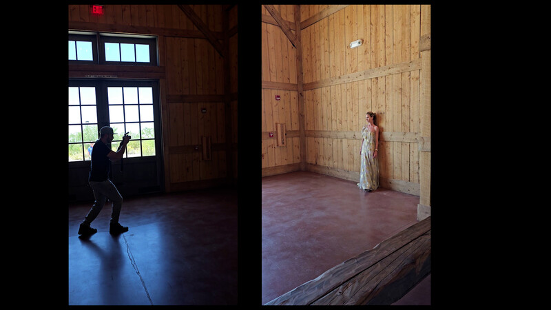 Split-screen comparison showing a photographer with camera on left and a figure in period dress posing on right, both in wooden interior spaces.
