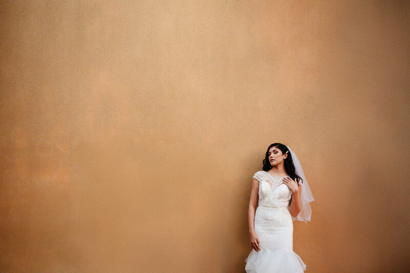 Bride in white mermaid gown with veil against warm tan studio backdrop.