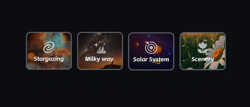 Screenshot showing four category tiles for photography subjects: Stargazing, Milky Way, Solar System, and Scenery.