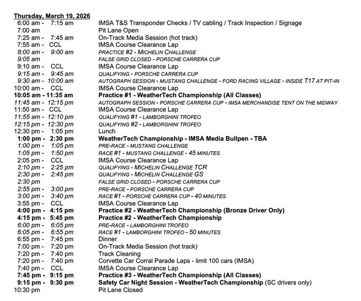screenshot fo the Thursday schedule for IMSA's 12 Hours of Sebring race