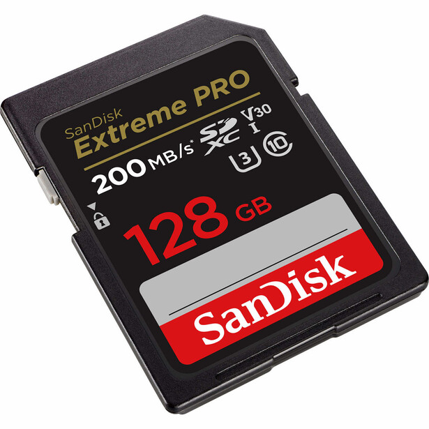 SanDisk Extreme PRO 128GB SDXC memory card with 200MB/s speed rating and V60 video class specification.