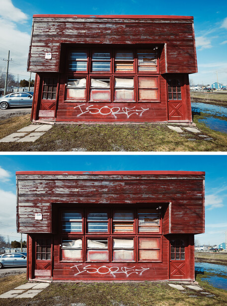 Red brick building with large storefront windows photographed in two nearly identical frames side by side.