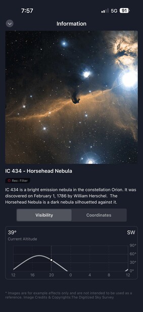 Screenshot of IC 434 Horsehead Nebula information card displaying deep-space astronomical imagery.