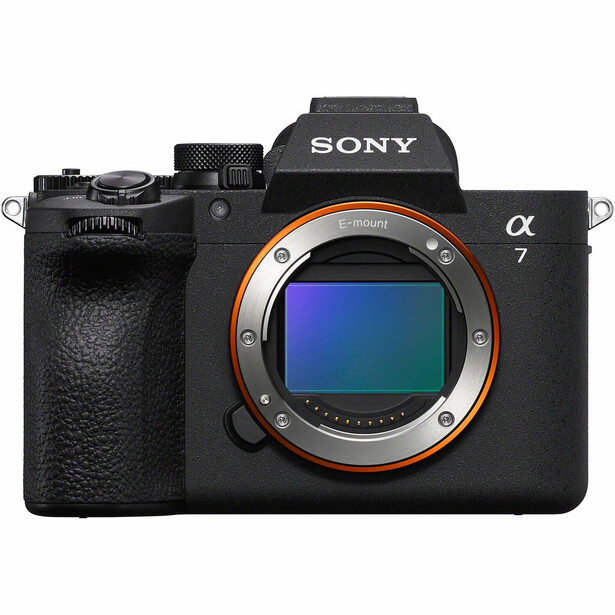 Sony a7 mirrorless camera body with sensor exposed, front view. Orange accent ring around lens mount.