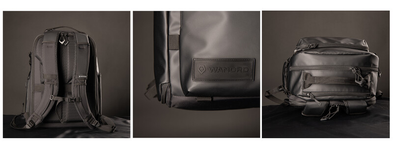 Three studio product shots of a gray travel backpack shown from back, detail, and side angles.