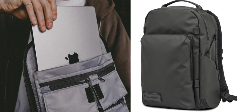 Laptop and backpack storage comparison showing a MacBook in a padded compartment and a dark camera backpack with multiple organizational pockets.