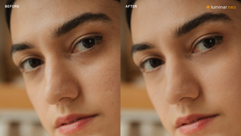 Side-by-side comparison of female face showing skin retouching before and after processing.