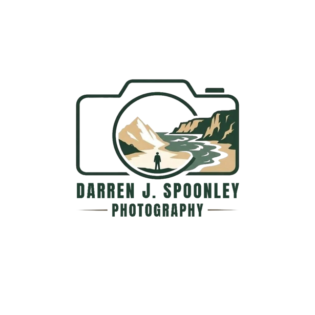 Logo for Darren J. Spoonley Photography featuring a camera outline with mountain landscape scene.