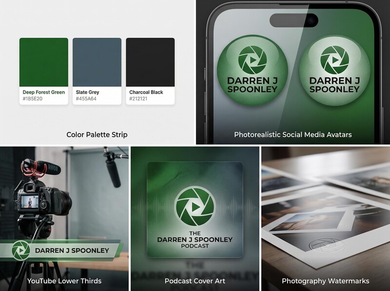 Brand identity design system for Darren J Spoonley featuring color palette, social media avatars, and marketing materials.