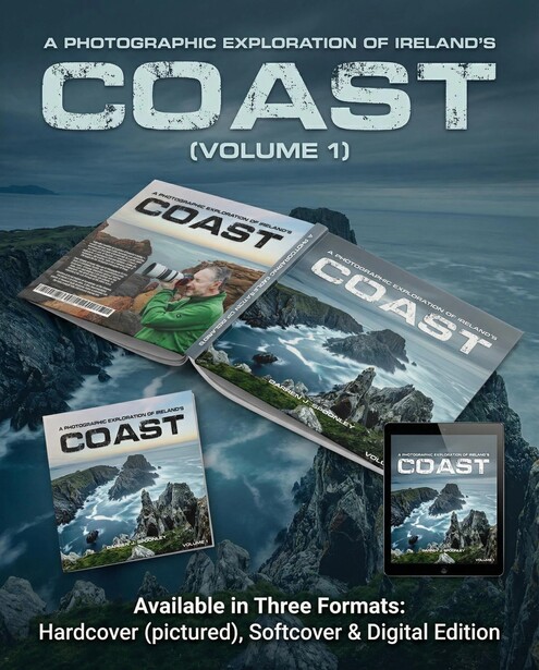 Product mockups for a photography book titled 'Coast Volume 1' displayed in hardcover, softcover, and digital formats against a coastal seascape background.