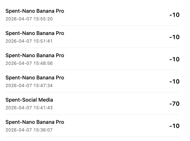 Screenshot of a transaction history showing multiple expenses for Nano Banana Pro and Social Media services with negative balance amounts.
