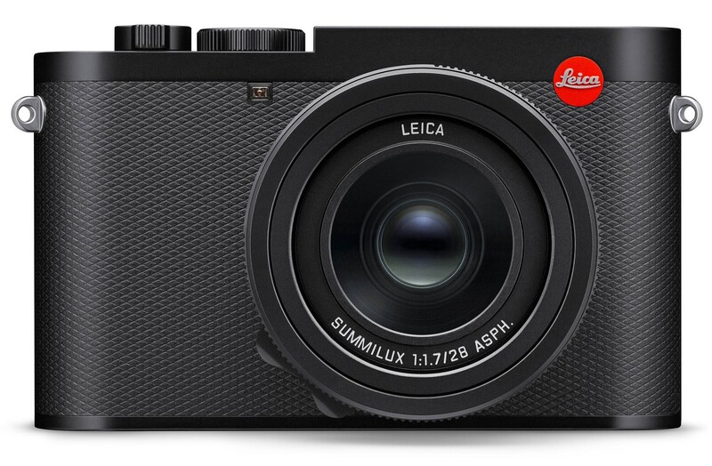 Leica Q2 compact camera with fixed 28mm f/1.7 Summilux lens, shown from front against white background.