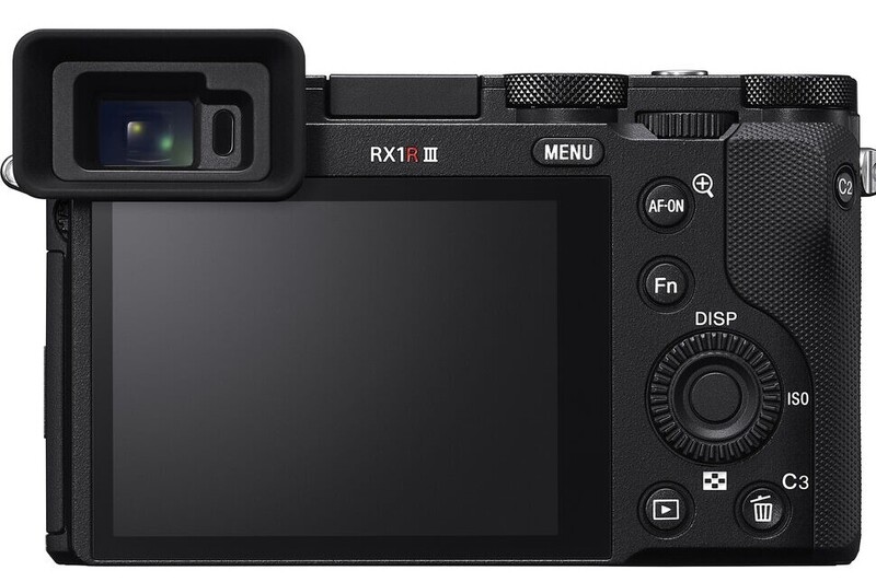 Sony RX1 Mark III compact camera shown from the back, displaying LCD screen and control layout.