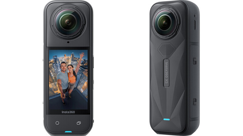 Front and back views of a compact action camera with flip-out touchscreen and fixed lens.