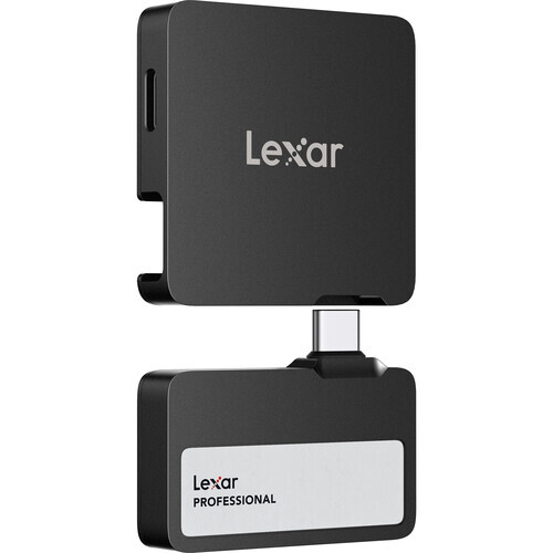 Lexar Professional card reader with USB-C connector attached to compact storage card.