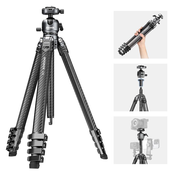 Carbon fiber tripod with ball head and four smaller detail images showing lens collar mount, compact configuration, and camera mounting options.