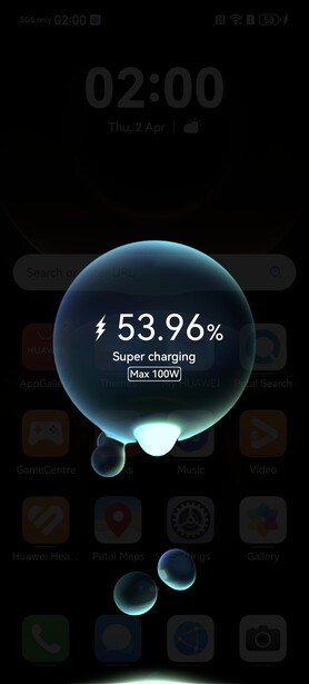 Screenshot of a smartphone lock screen displaying a charging status widget at 53.96% battery with a 02:00 timestamp.